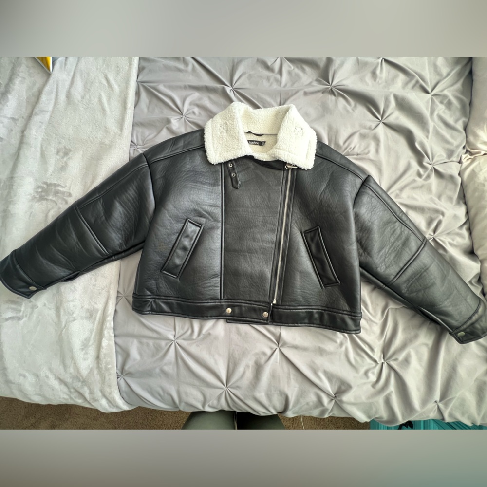 Black leather jacket from boohoo.